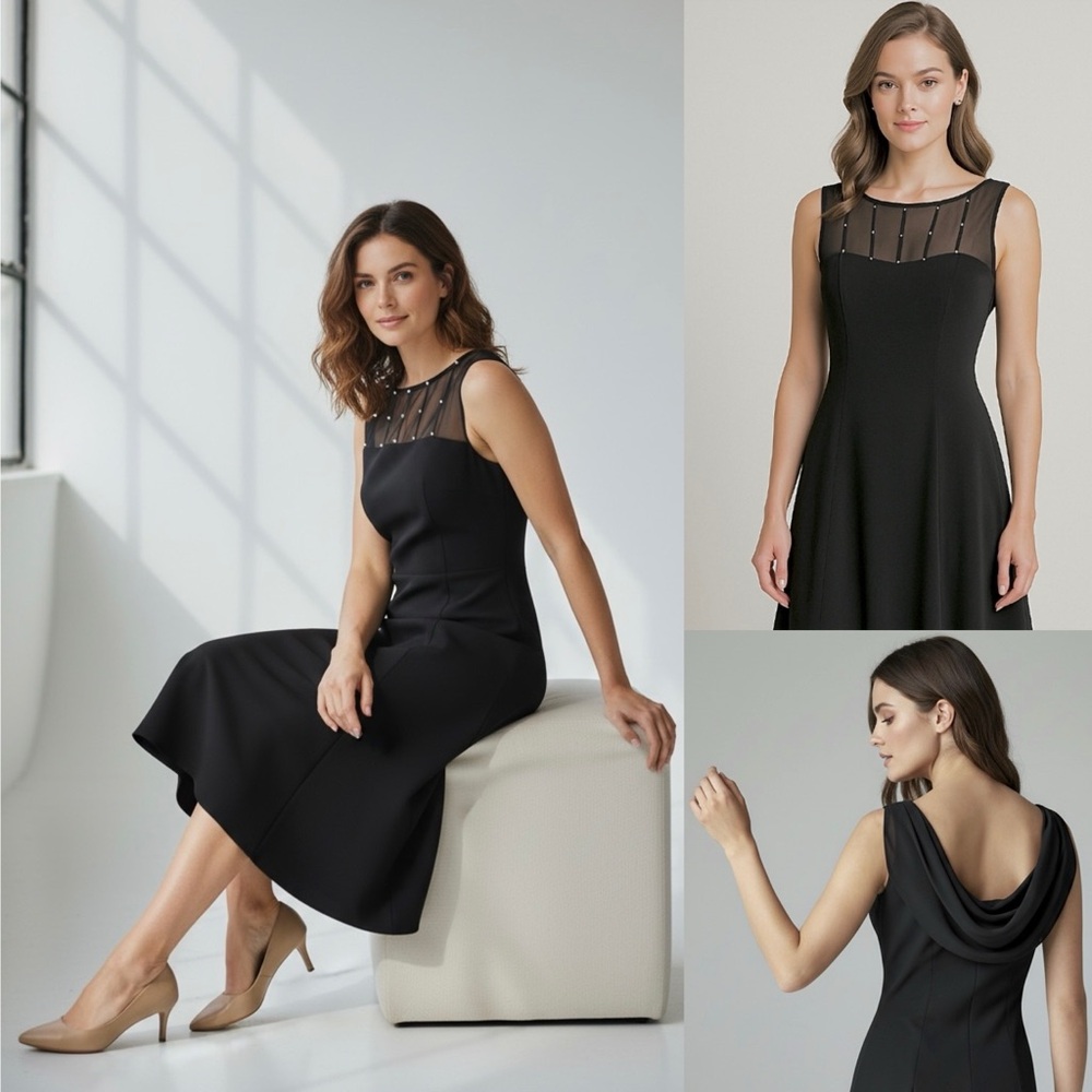 Eva Picone Crepe Dress Sheer illusion Neckline Rhinestone Embellishment Draped